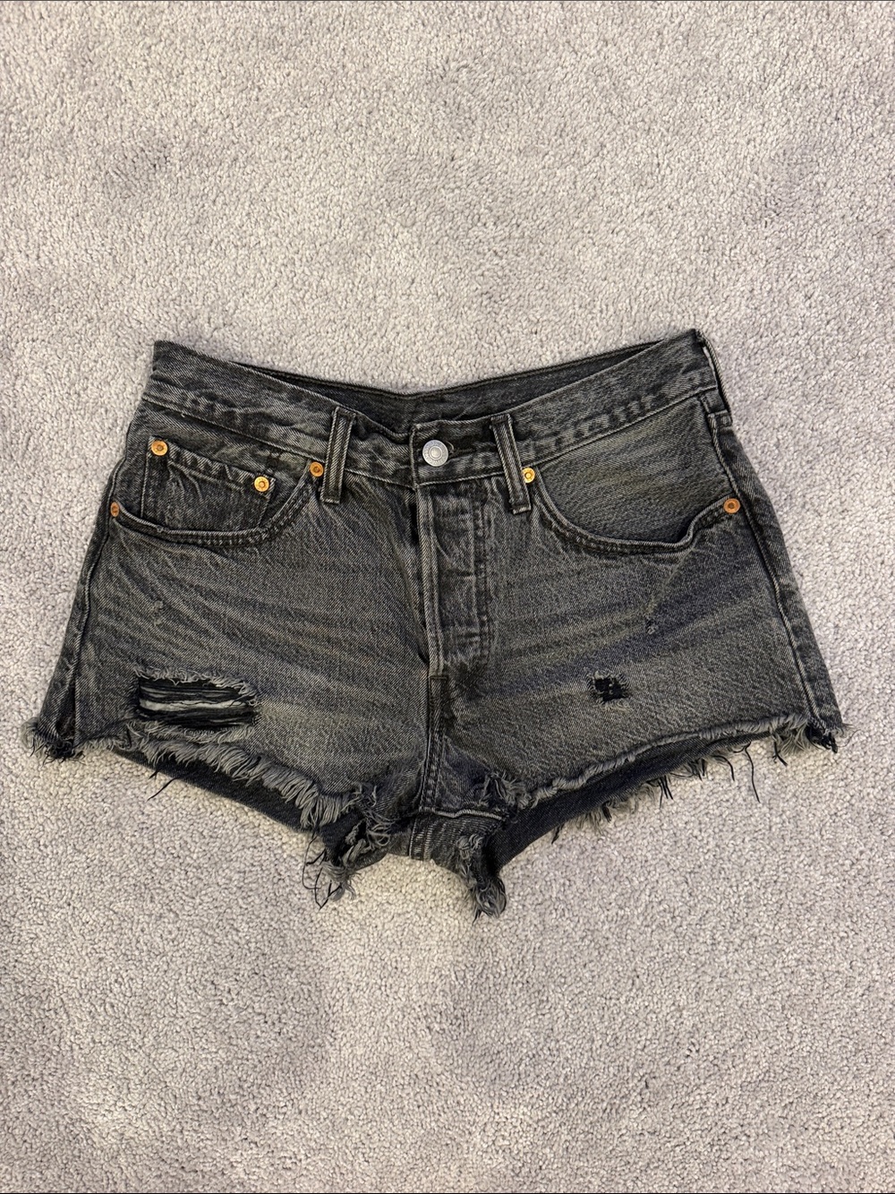 Levi’s 501 High-Rise Distressed Black Denim Shorts, W26